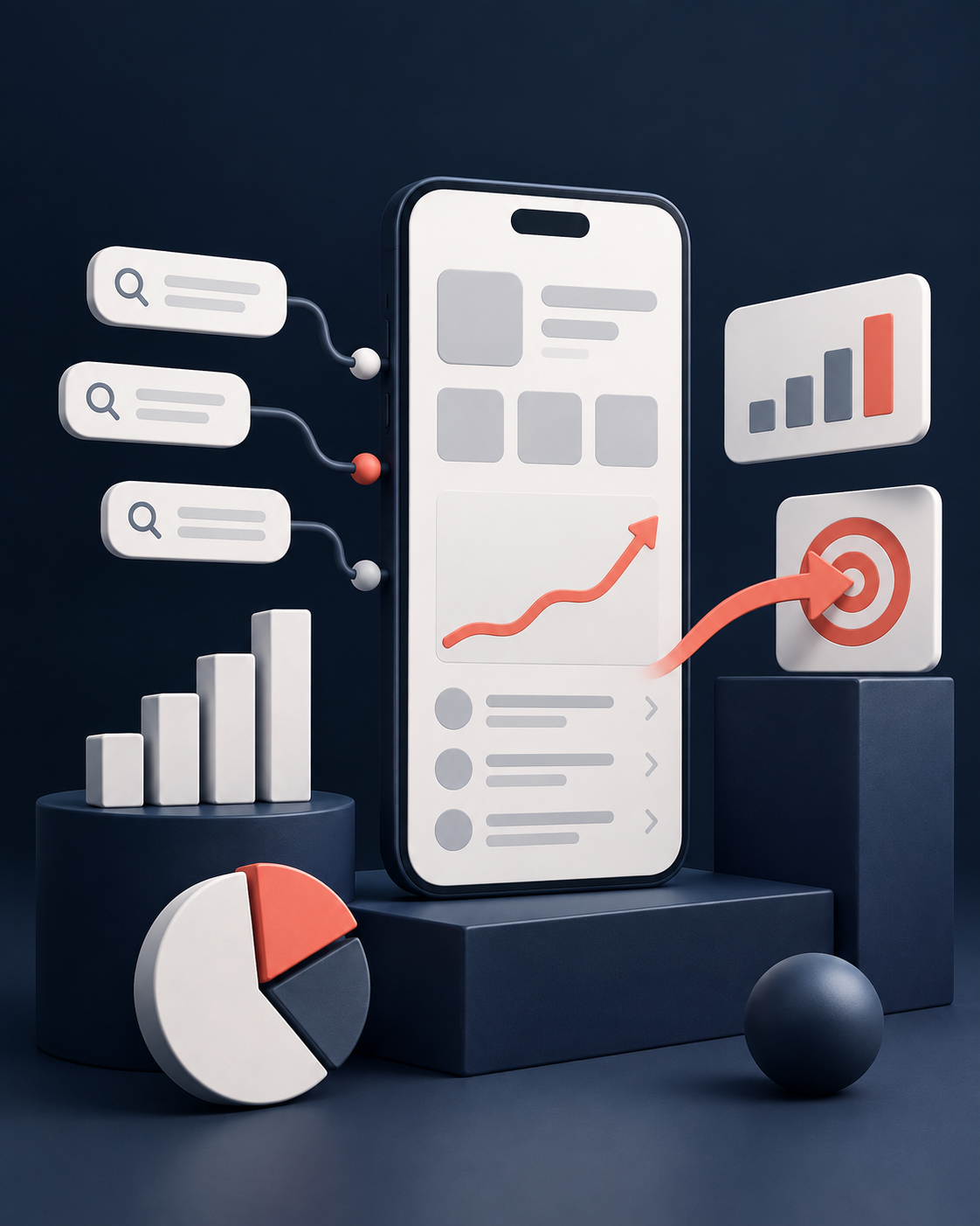 Abstract mobile strategy workspace with organised research signals