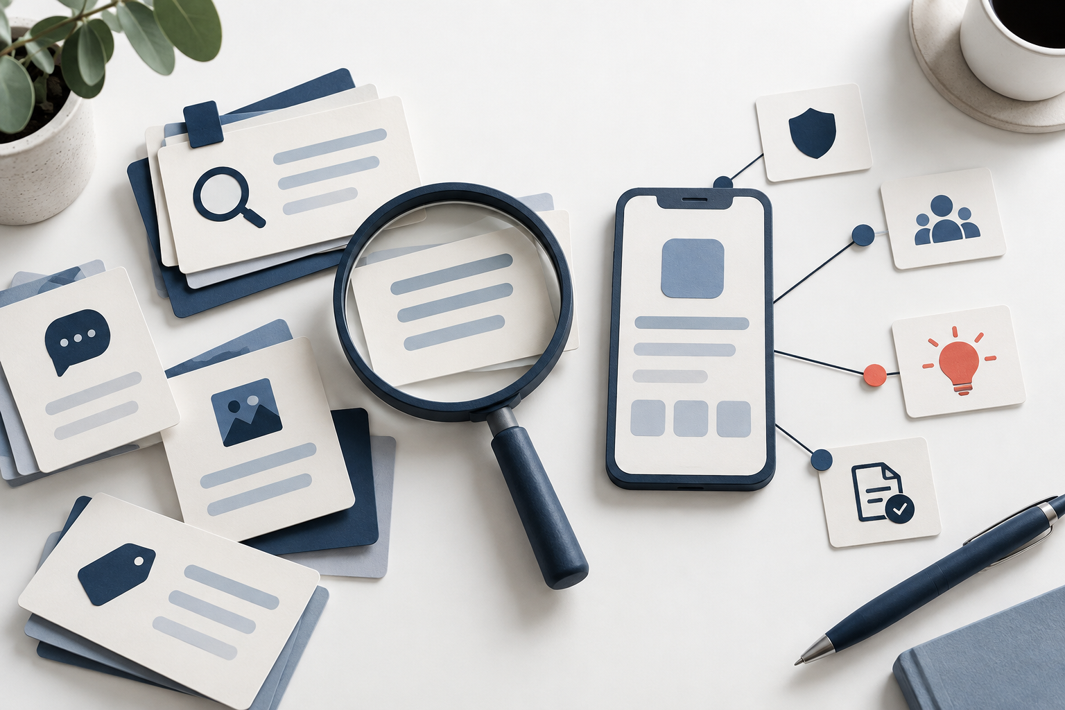 Editorial illustration of app keyword and metadata research materials