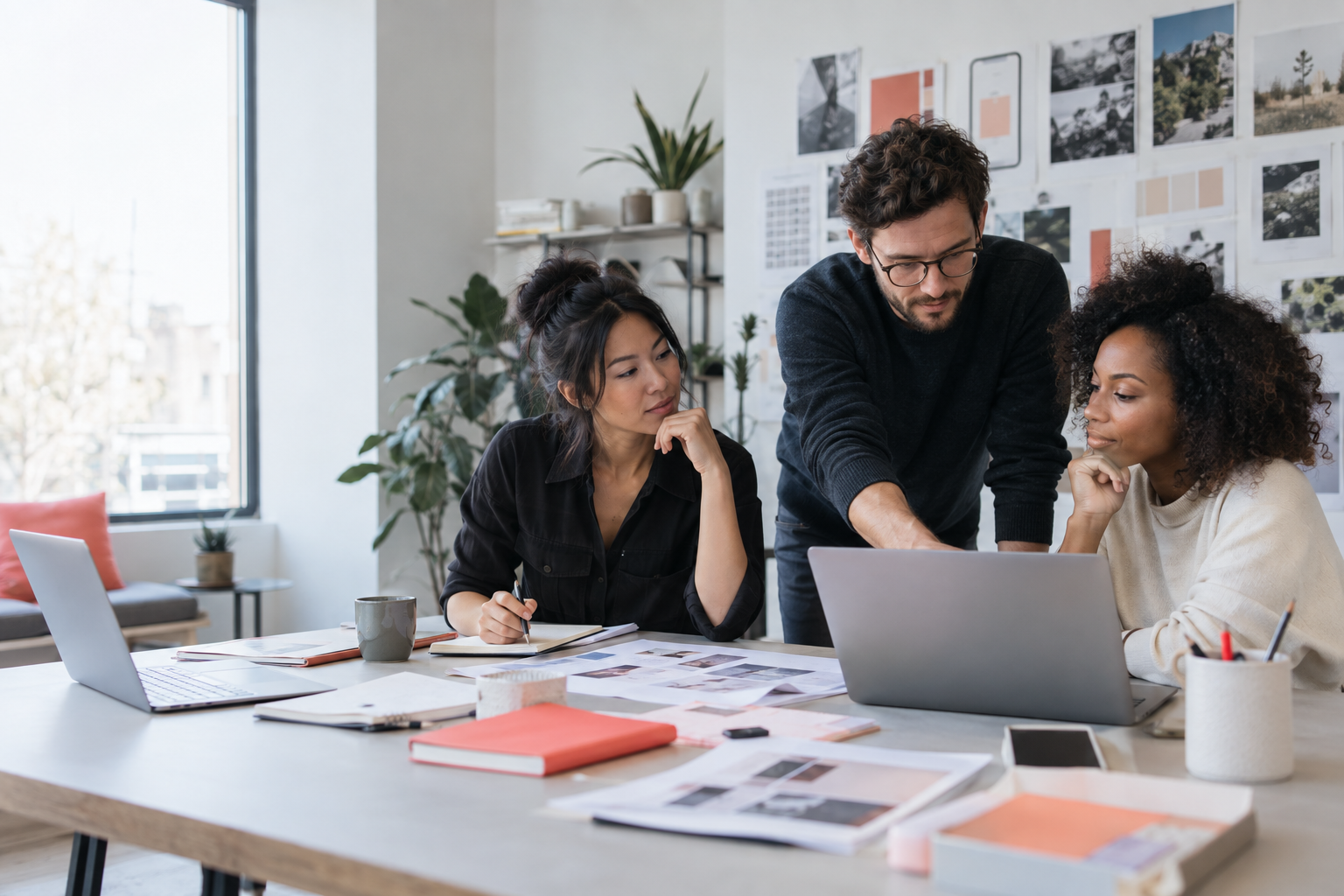 A mobile product team collaborating around a research table